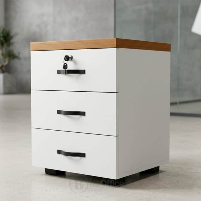 Caisson Mobile de Bureau 3 Tiroirs avec Verrou - Design Moderne Blanc & Bois - L 40 x P 40 x H 60 cm – Image 3