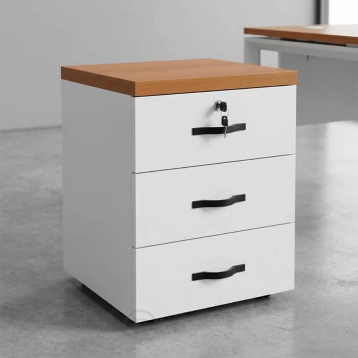 Caisson Mobile de Bureau 3 Tiroirs avec Verrou - Design Moderne Blanc & Bois - L 40 x P 40 x H 60 cm – Image 2