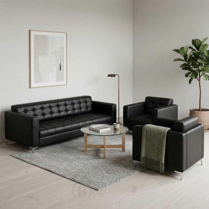 Canapé de bureau cinq places en cuir noir de style exécutif – Image 2