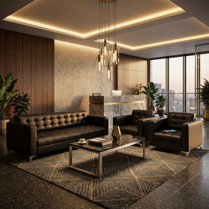 Canapé de bureau cinq places en cuir noir de style exécutif – Image 4