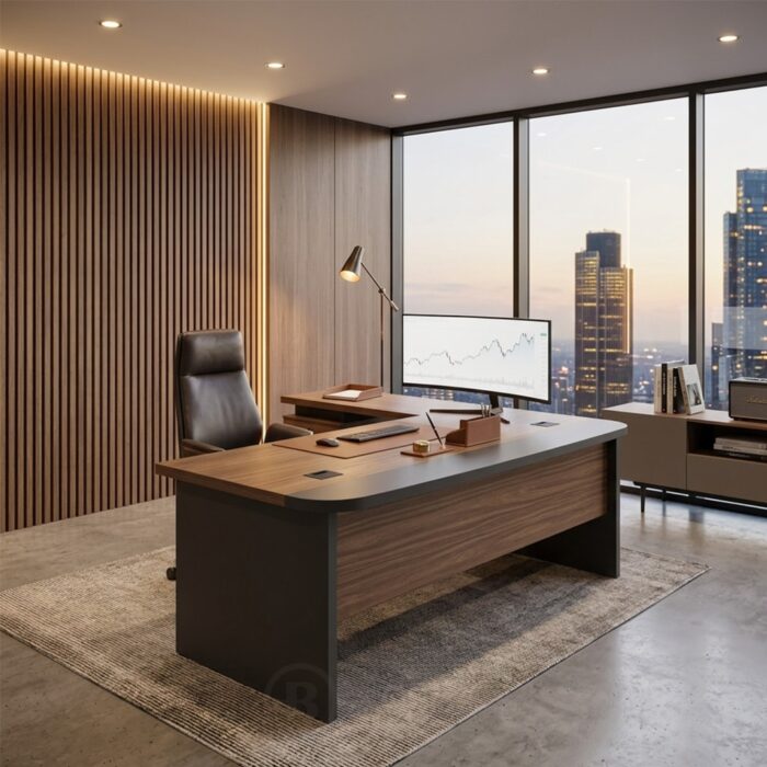 Bureau de Direction en L Moderne avec Caisson - Design Professionnel Bois & Noir - L 180 x P 80 x H 75 cm – Image 2