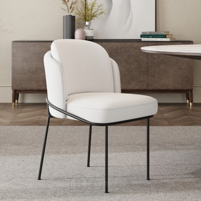 Chaise de salle à manger blanche Linenic - assise matelassée en coton et lin avec piètement inox noir moderne – Image 7