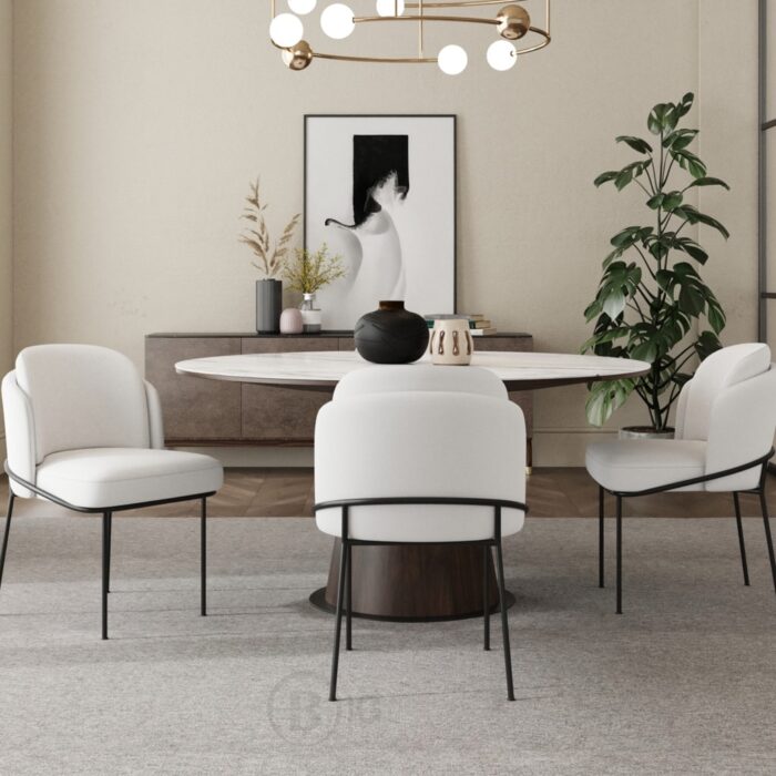 Chaise de salle à manger blanche Linenic - assise matelassée en coton et lin avec piètement inox noir moderne – Image 8