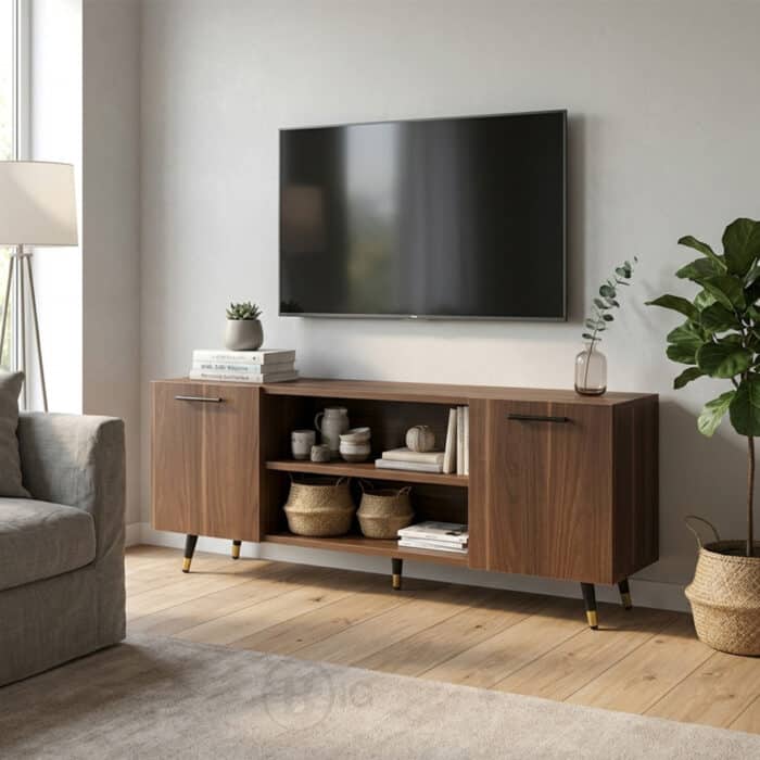 Meuble Bas de Rangement avec Portes & Étagères - Finition Bois Noyer - Design Moderne- L 140 x P 30 x H 50 cm – Image 2
