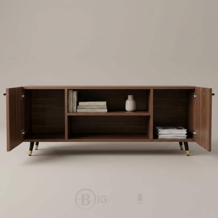 Meuble Bas de Rangement avec Portes & Étagères - Finition Bois Noyer - Design Moderne- L 140 x P 30 x H 50 cm – Image 3