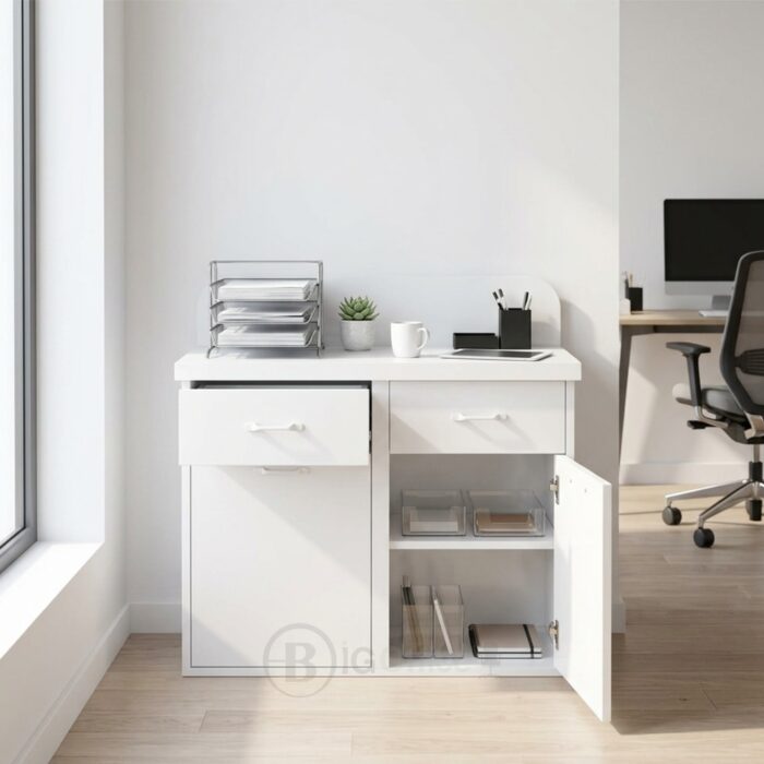Meuble de Rangement Bas Blanc avec Portes et Tiroirs - Design Moderne Compact- H 80 x L 80 x P 35 cm – Image 4