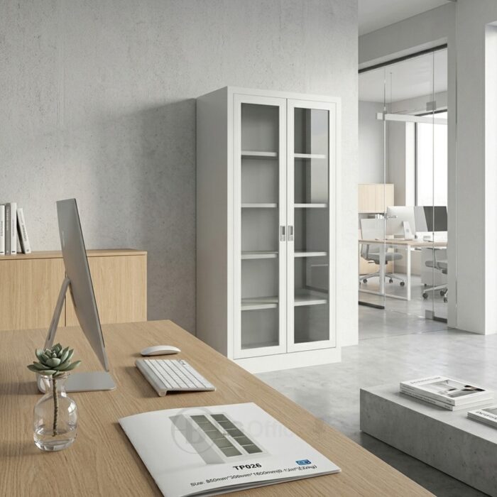 Armoire Bureau WHITEFRAME - Bibliothèque Professionnelle Blanche avec Portes Vitrées – Image 6