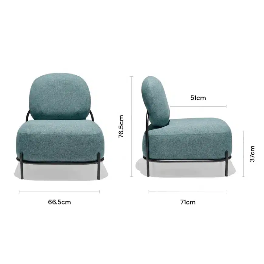 Schéma des dimensions du fauteuil MELLOW : largeur 66.5 cm, profondeur 71 cm, hauteur 76.5 cm, hauteur d'assise 37 cm