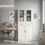 Armoire Bureau STORAGE GLASS - Cabinet Professionnel Blanc avec Vitrines & Double Rangement – Image 2