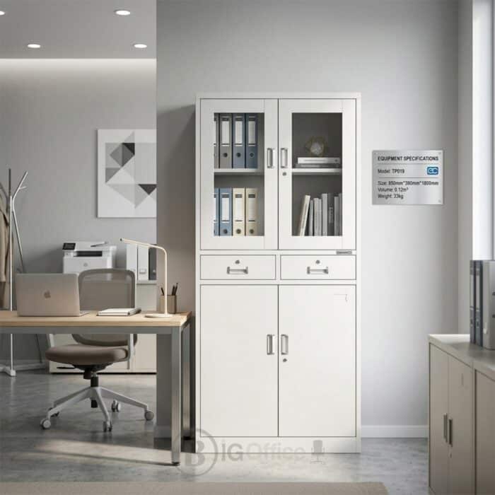 Armoire Bureau STORAGE GLASS - Cabinet Professionnel Blanc avec Vitrines & Double Rangement – Image 2