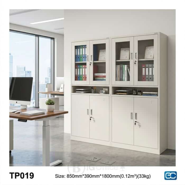 Armoire Bureau STORAGE GLASS - Cabinet Professionnel Blanc avec Vitrines & Double Rangement – Image 3