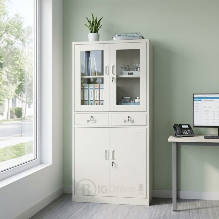 Armoire Bureau STORAGE GLASS - Cabinet Professionnel Blanc avec Vitrines & Double Rangement – Image 4
