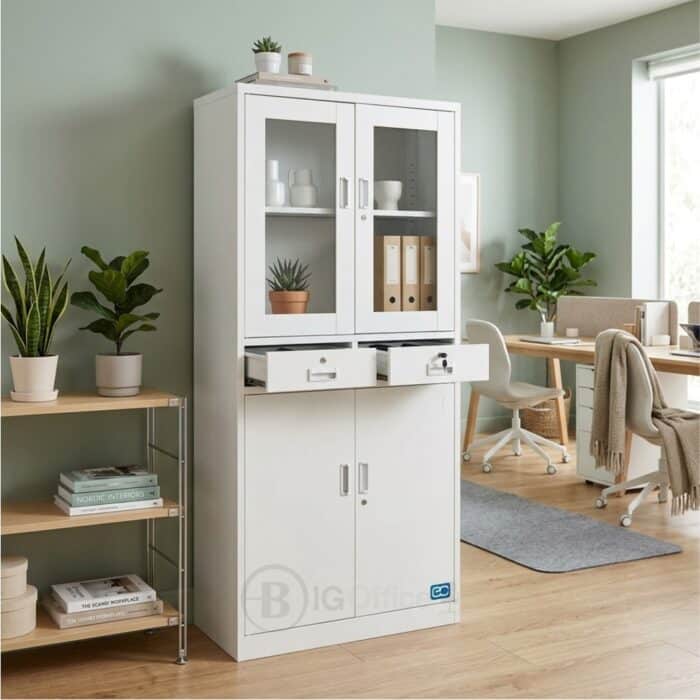 Armoire Bureau STORAGE GLASS - Cabinet Professionnel Blanc avec Vitrines & Double Rangement – Image 5