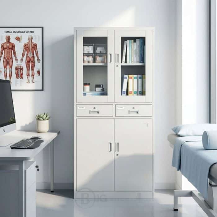 Armoire Bureau STORAGE GLASS - Cabinet Professionnel Blanc avec Vitrines & Double Rangement – Image 6