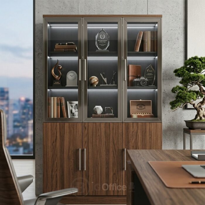 Armoire de bureau vitrée premium finition bois noyer – Image 2