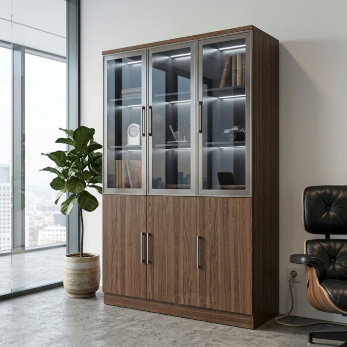 Armoire de bureau vitrée premium finition bois noyer – Image 4