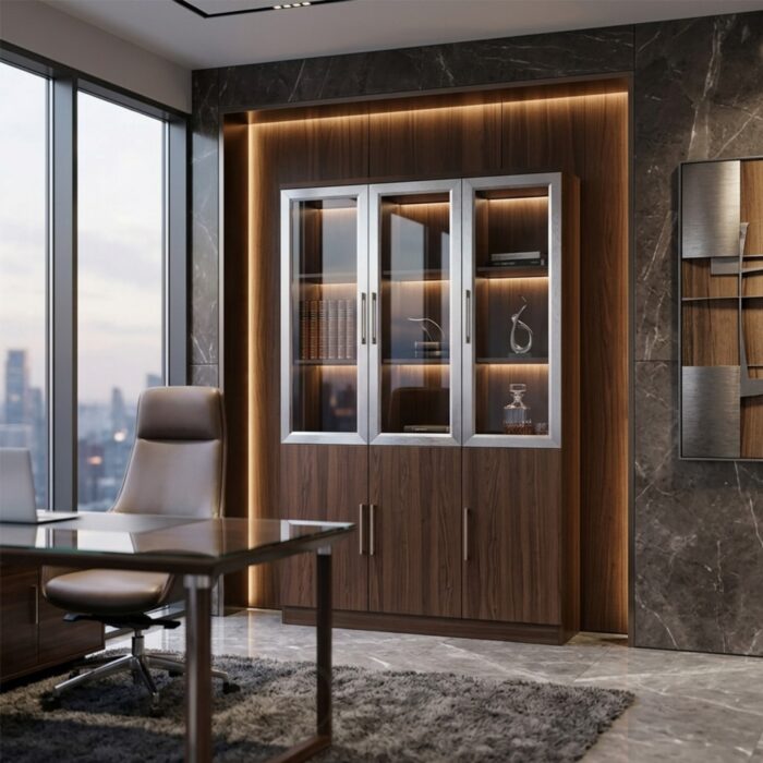 Armoire de bureau vitrée premium finition bois noyer – Image 5