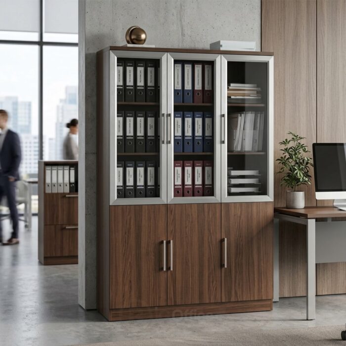 Armoire de bureau vitrée premium finition bois noyer – Image 6