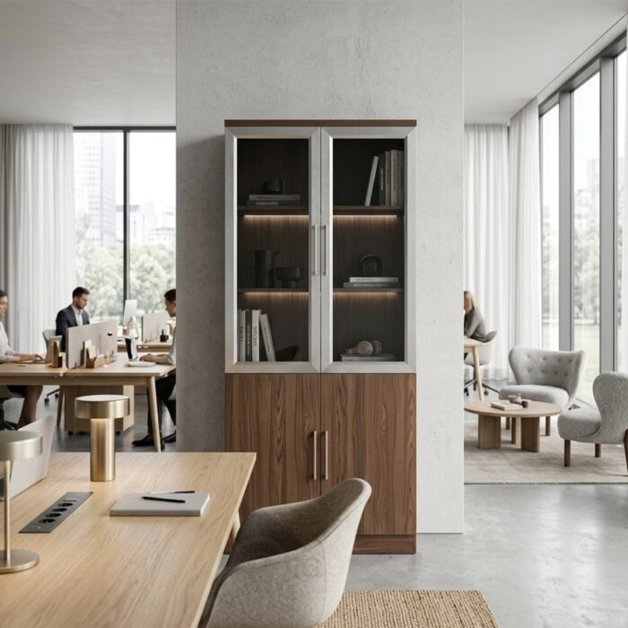 Armoire Exécutive NORDIC GLASS - Bibliothèque de Bureau Premium en Noyer avec Portes Vitrées Fumées – Image 4