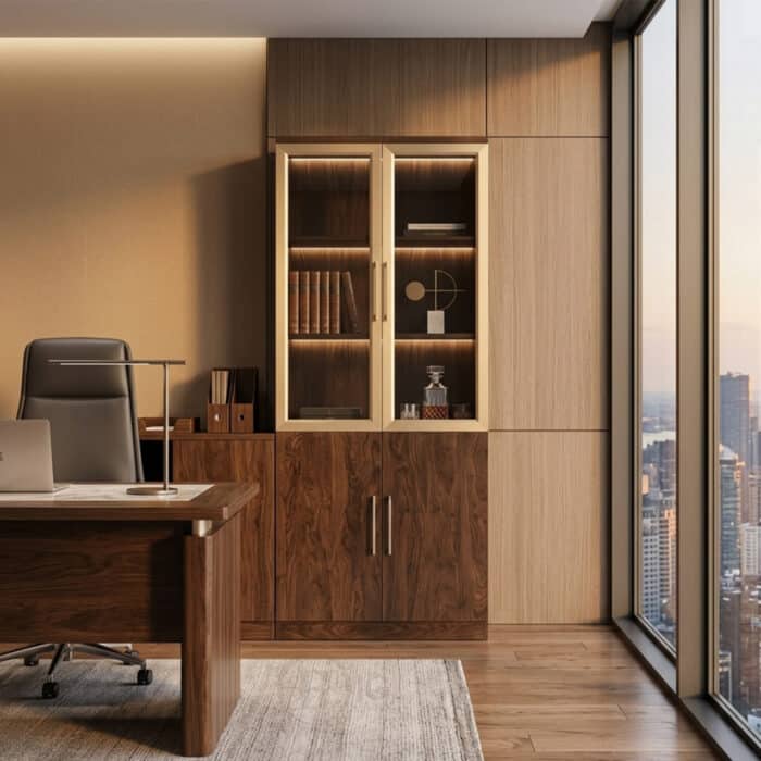 Bibliothèque Corporate VERTEX - Bibliothèque Professionnelle en Noyer Foncé avec Portes Vitrées Fumées – Image 4
