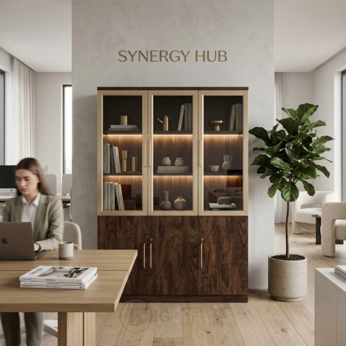 Bibliothèque Premium MONARCH - Bibliothèque Professionnelle en Noyer avec Vitrage Fumé & Cadre Champagne – Image 2