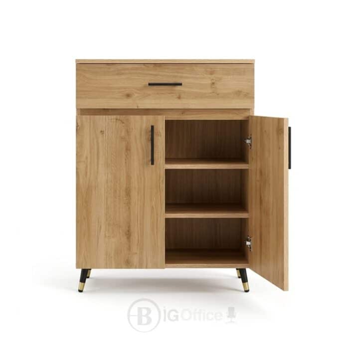 Buffet de rangement en bois naturel avec tiroir et portes - Design moderne minimaliste- H 106 x L 80 x P 35 cm – Image 3