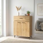 Buffet de rangement en bois naturel avec tiroir et portes - Design moderne minimaliste- H 106 x L 80 x P 35 cm – Image 6