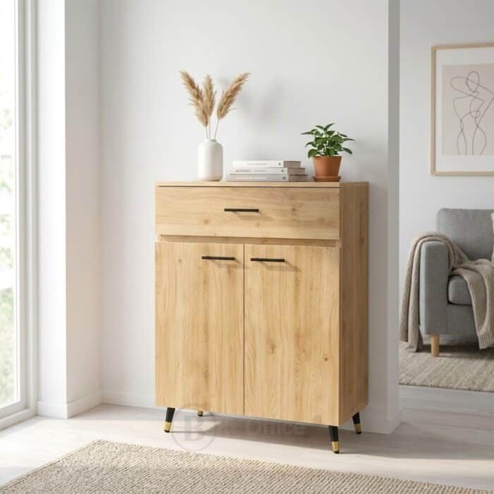 Buffet de rangement en bois naturel avec tiroir et portes - Design moderne minimaliste- H 106 x L 80 x P 35 cm – Image 6