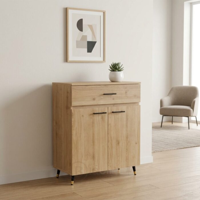 Buffet de rangement en bois naturel avec tiroir et portes - Design moderne minimaliste- H 106 x L 80 x P 35 cm – Image 8