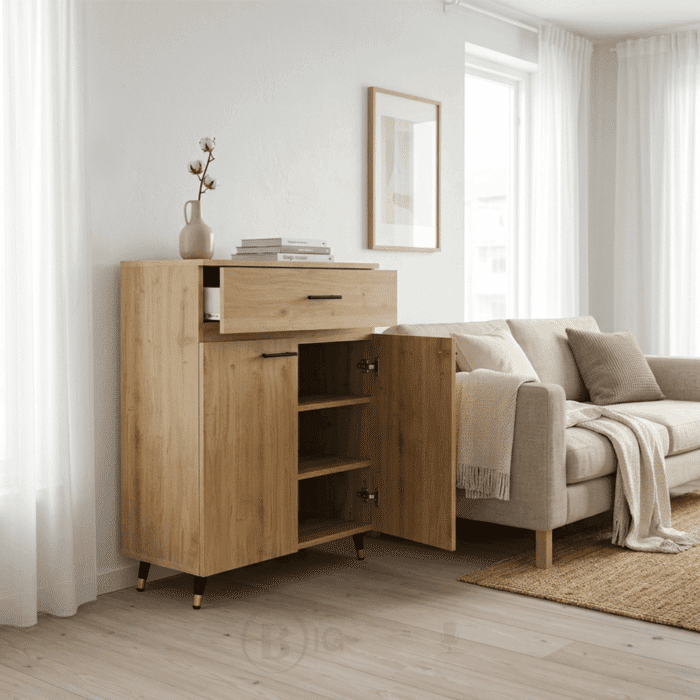 Buffet de rangement en bois naturel avec tiroir et portes - Design moderne minimaliste- H 106 x L 80 x P 35 cm – Image 10