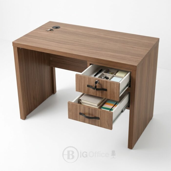 Bureau compact en bois noyer avec tiroirs et serrure - Design minimaliste- L 100 x P 50 cm – Image 3