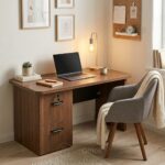 Bureau en Bois MDF Noyer 140×70 cm — 2 Tiroirs avec Serrure – Image 2