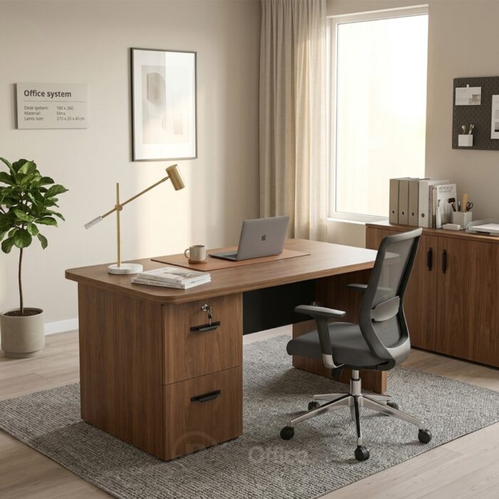 Bureau en Bois MDF Noyer 140×70 cm — 2 Tiroirs avec Serrure – Image 3