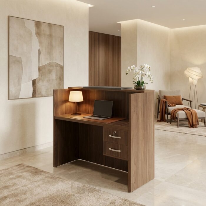 Comptoir d’accueil compact avec caisson verrouillable - Finition noyer foncé – Image 3