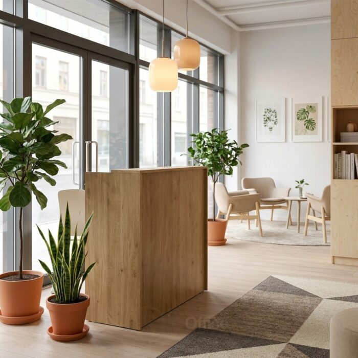 Comptoir d’accueil compact moderne avec tiroirs verrouillables - Finition chêne clair – Image 5