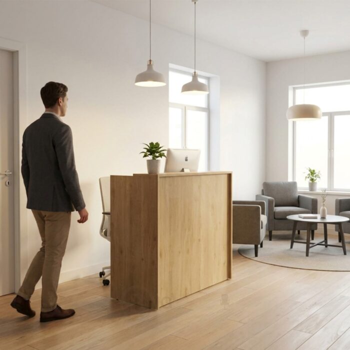 Comptoir d’accueil compact moderne avec tiroirs verrouillables - Finition chêne clair – Image 3