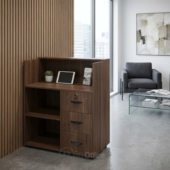 Comptoir de réception compact avec rangement - Finition noyer moderne – Image 4