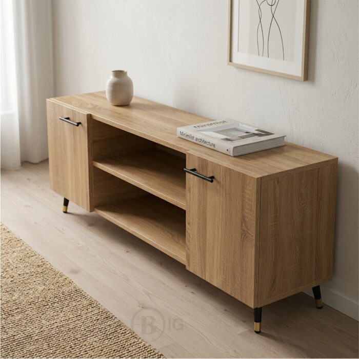 Meuble TV moderne en bois chêne clair avec rangements - Style scandinave – Image 7