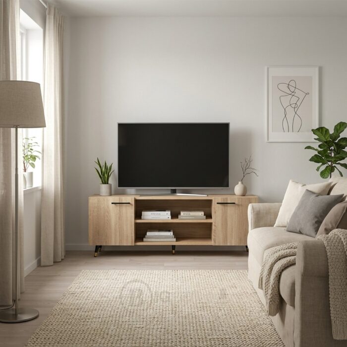Meuble TV moderne en bois chêne clair avec rangements - Style scandinave – Image 8