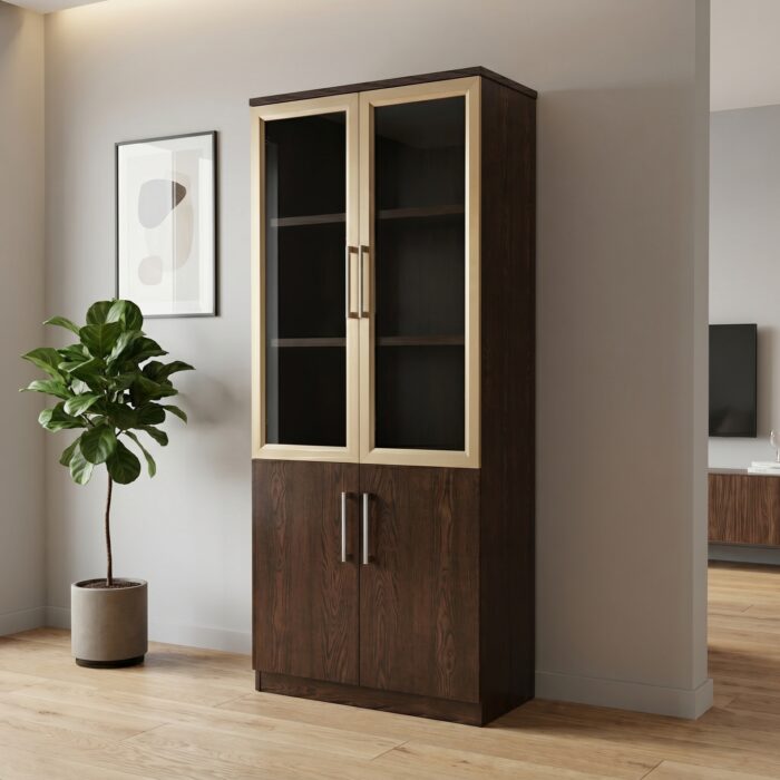 Bibliothèque 2 Portes Vitrées avec Profil Aluminium Doré 200x80x40 cm – Image 2