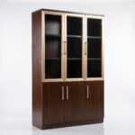 Bibliothèque en MDF Effet Noyer Vitrée 3 Portes avec Profil Aluminium – 200 x 120 x 40 cm – Image 2
