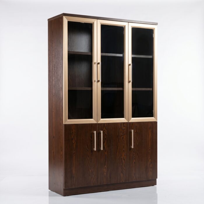 Bibliothèque en MDF Effet Noyer Vitrée 3 Portes avec Profil Aluminium – 200 x 120 x 40 cm – Image 2