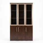 Bibliothèque en MDF Effet Noyer Vitrée 3 Portes avec Profil Aluminium – 200 x 120 x 40 cm
