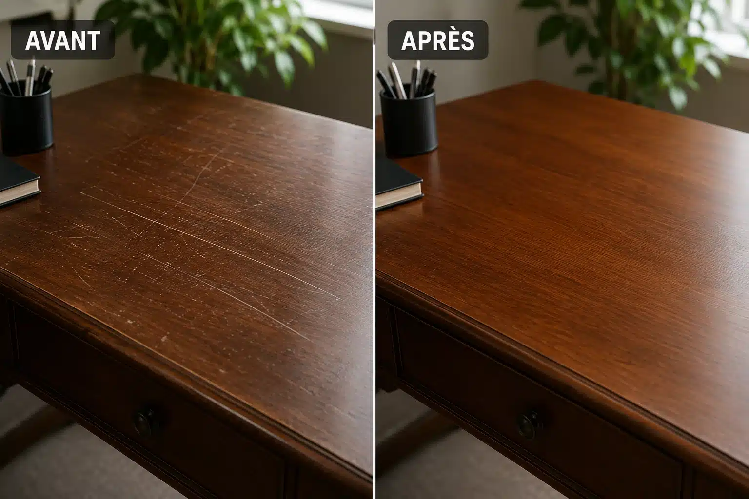 Bureau avant et après la réparation des rayures
