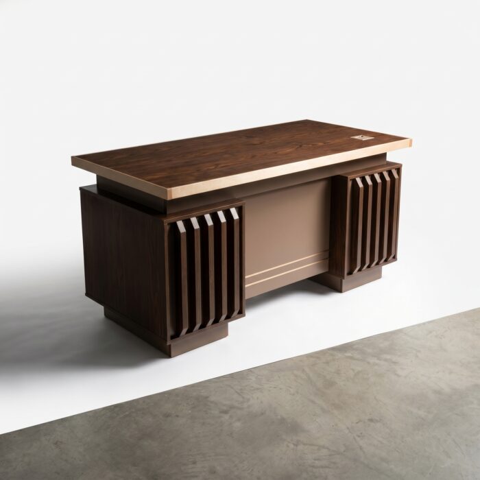 Bureau de Direction 140x70 cm en MDF Noyer avec Profil Aluminium Doré – Image 3