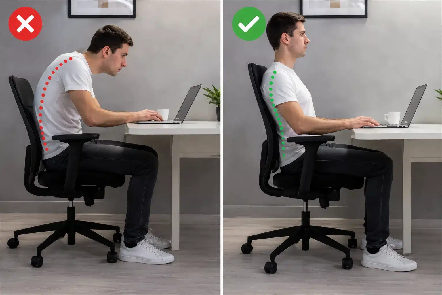 Comparaison bonne posture et mauvaise posture au bureau