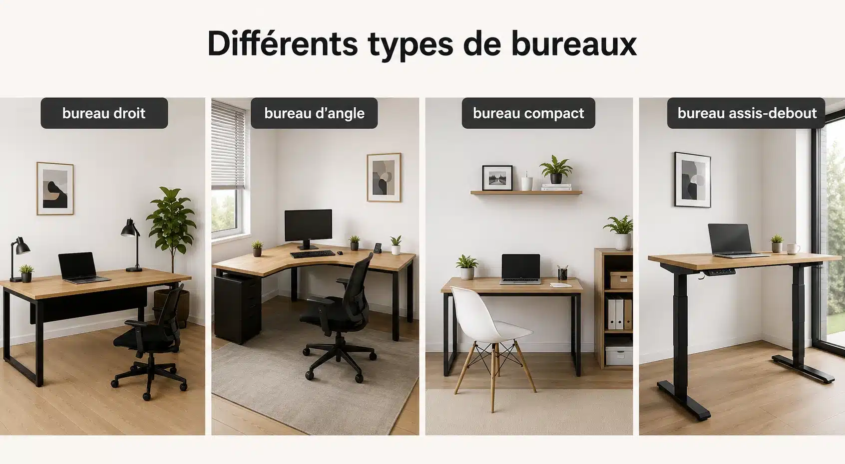 Différents types de bureaux : droit, d'angle et compact