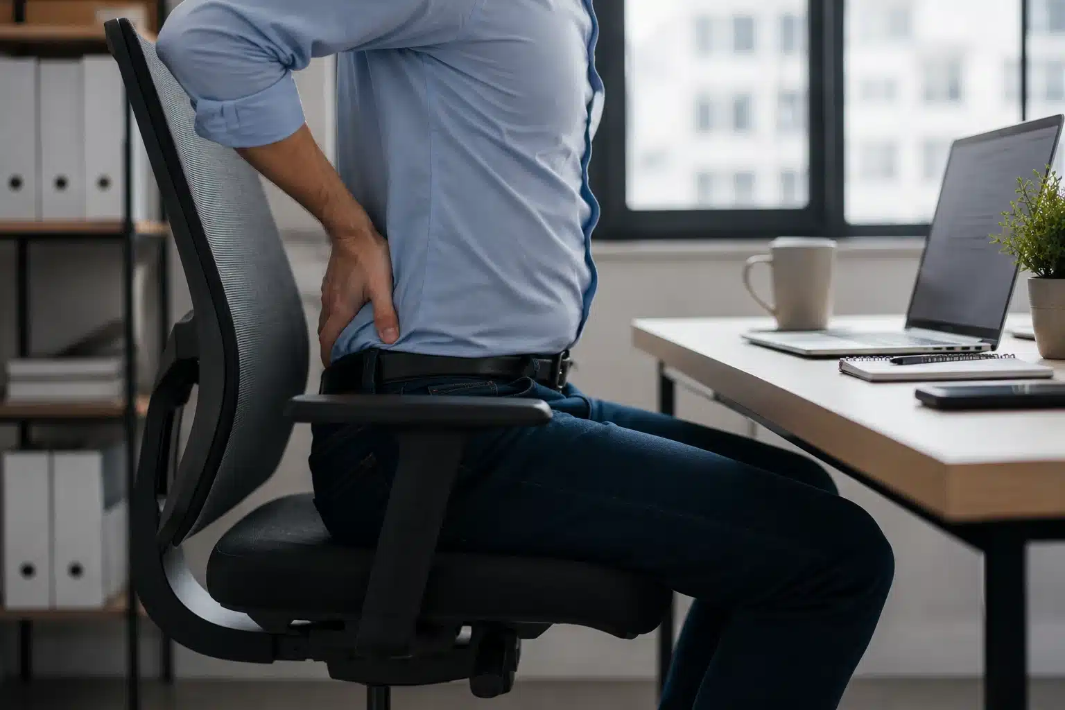 Douleurs lombaires en fin de journ&eacute;e caus&eacute;es par une chaise de bureau mal r&eacute;gl&eacute;e