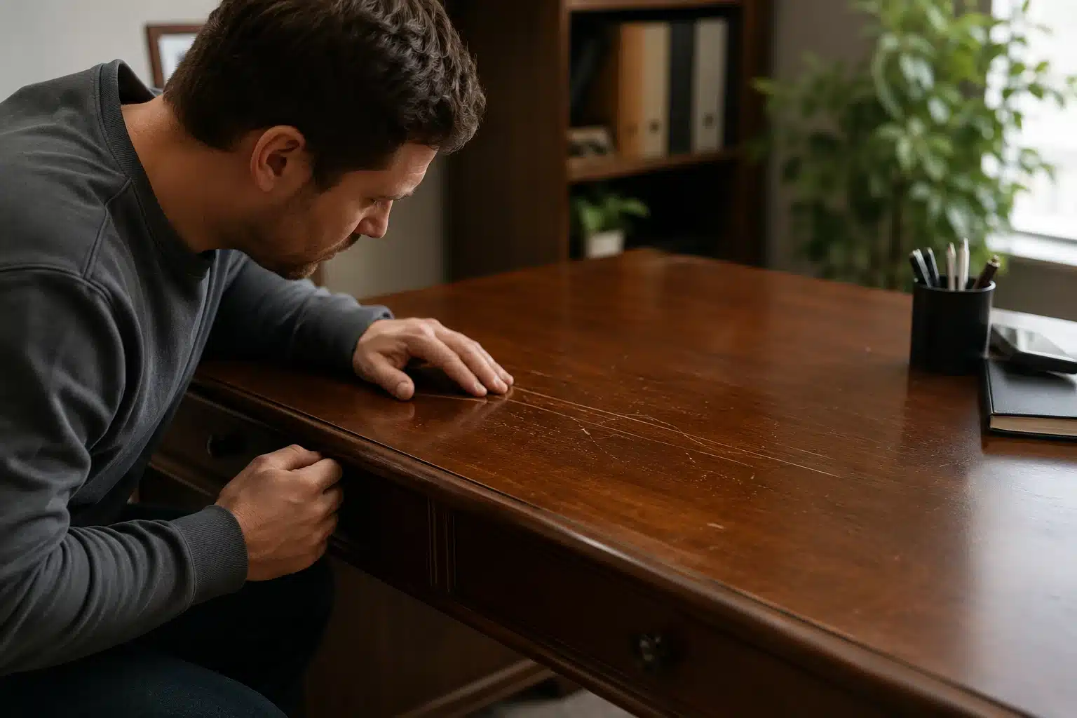 Protection d'un bureau en bois contre les rayures avec un tapis de protection