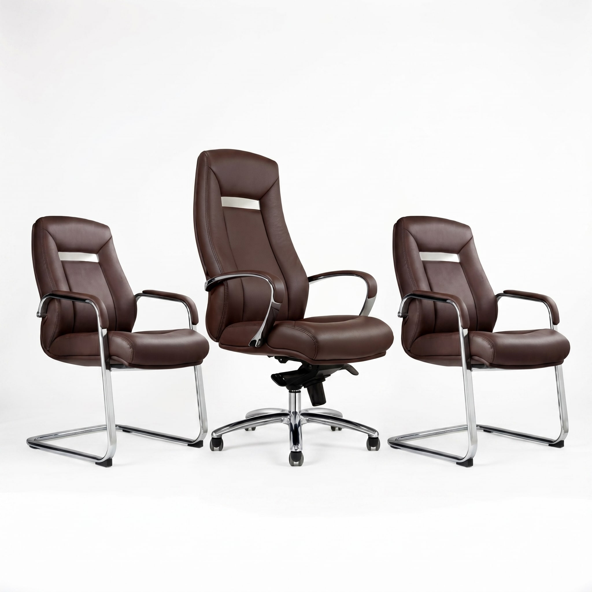 Ensemble fauteuil président et chaises visiteurs semi-cuir marron Maroc Ensemble Président & Visiteurs Executive Premium – Semi-Cuir Marron – Image 1
